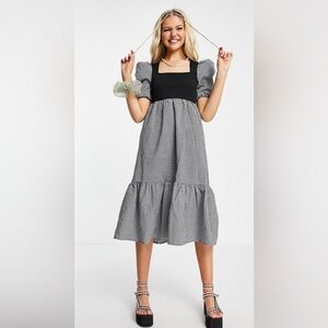 XL Urban Revivo puff sleeve black gingham dress, black stretch bodice, maxi